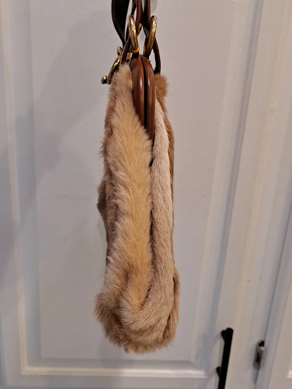 Australian Kangaroo Fur Vintage 70s Handbag Leather Trim Gold Ring Accent